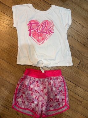 Fila Girls White & Pink Heart Tee with Pink Patterned Shorts